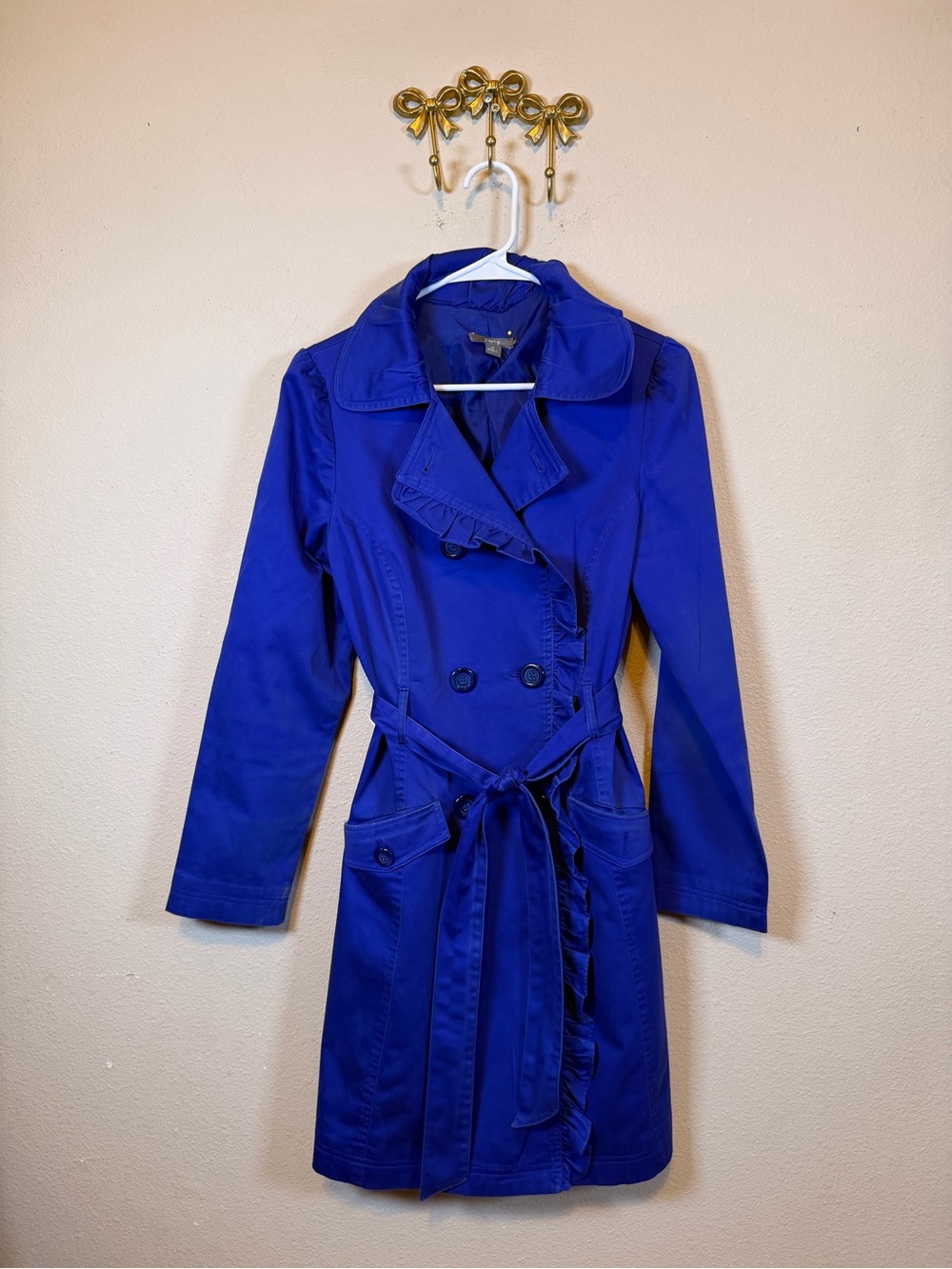 Apt. 9 Cobalt Blue Double-Breasted Trench Coat w/ Belt & ruffled details. Size M